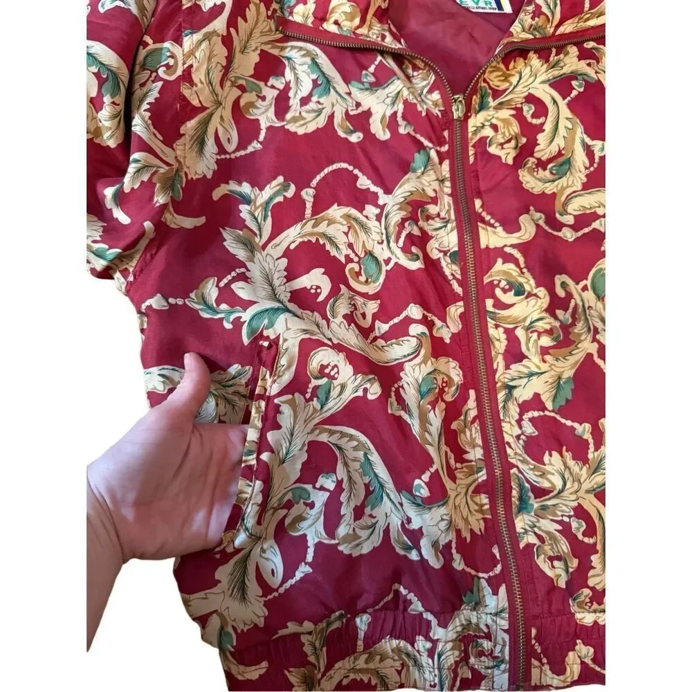 EVR DIV Rousso Apparel Vintage 100% Silk Women's Bomber Jacket Leaves Tan Red Sz
